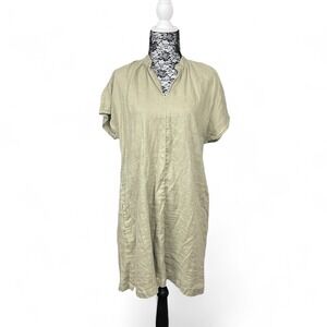 Lands End Linen Short Sleeve Shift Dress‎ Medium Olive Green Minimalist Coastal
